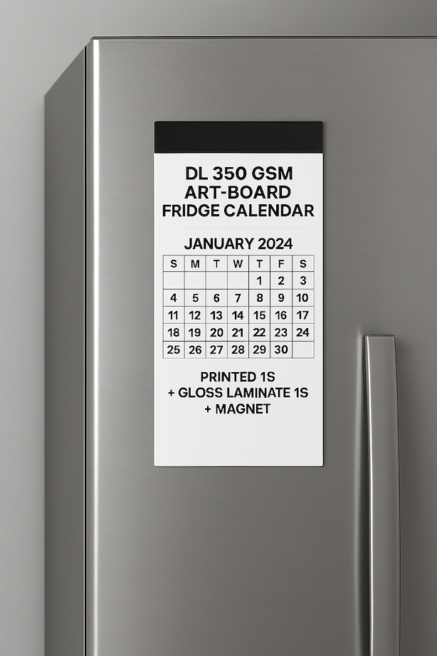 DL 350 GSM Art-board Fridge Calendar Printed 1S + Gloss Laminate 1S + Magnet